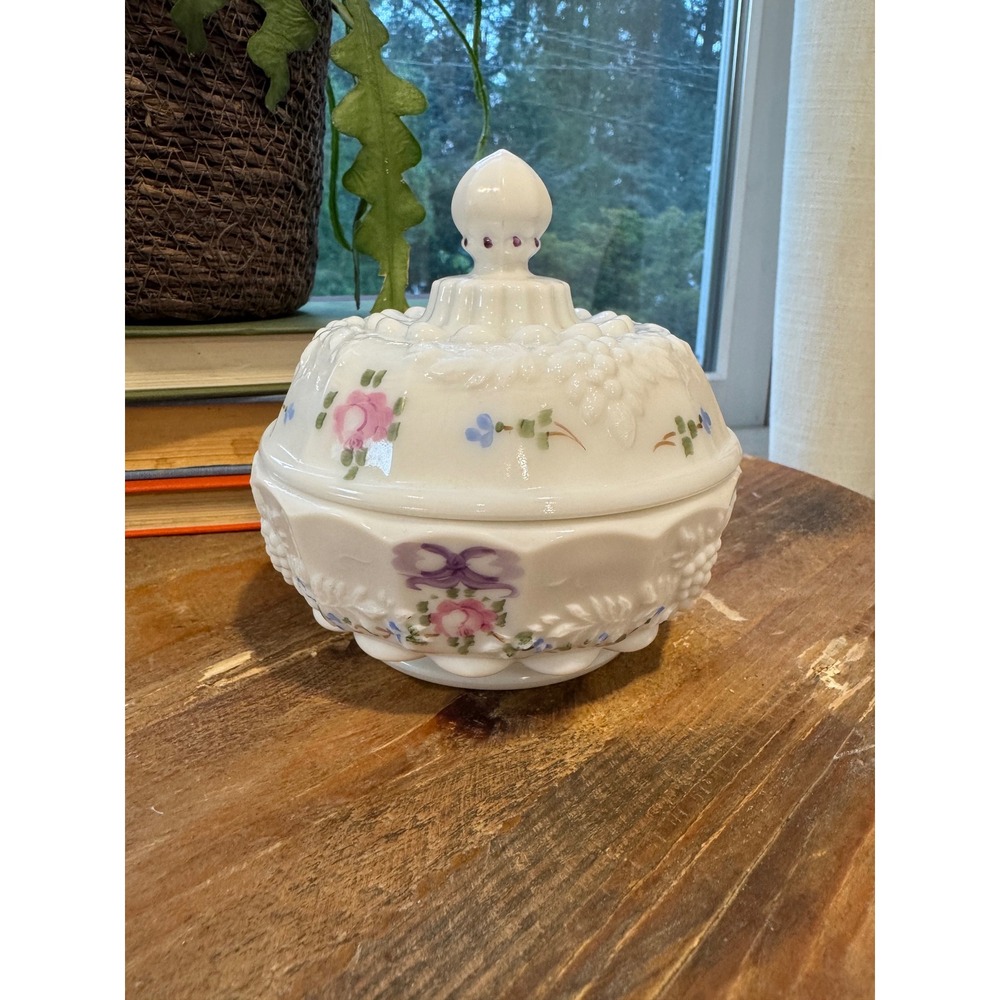 Westmoreland Milk Glass Trinket Box Hand Painted Roses Paneled Grape Lidded Dish